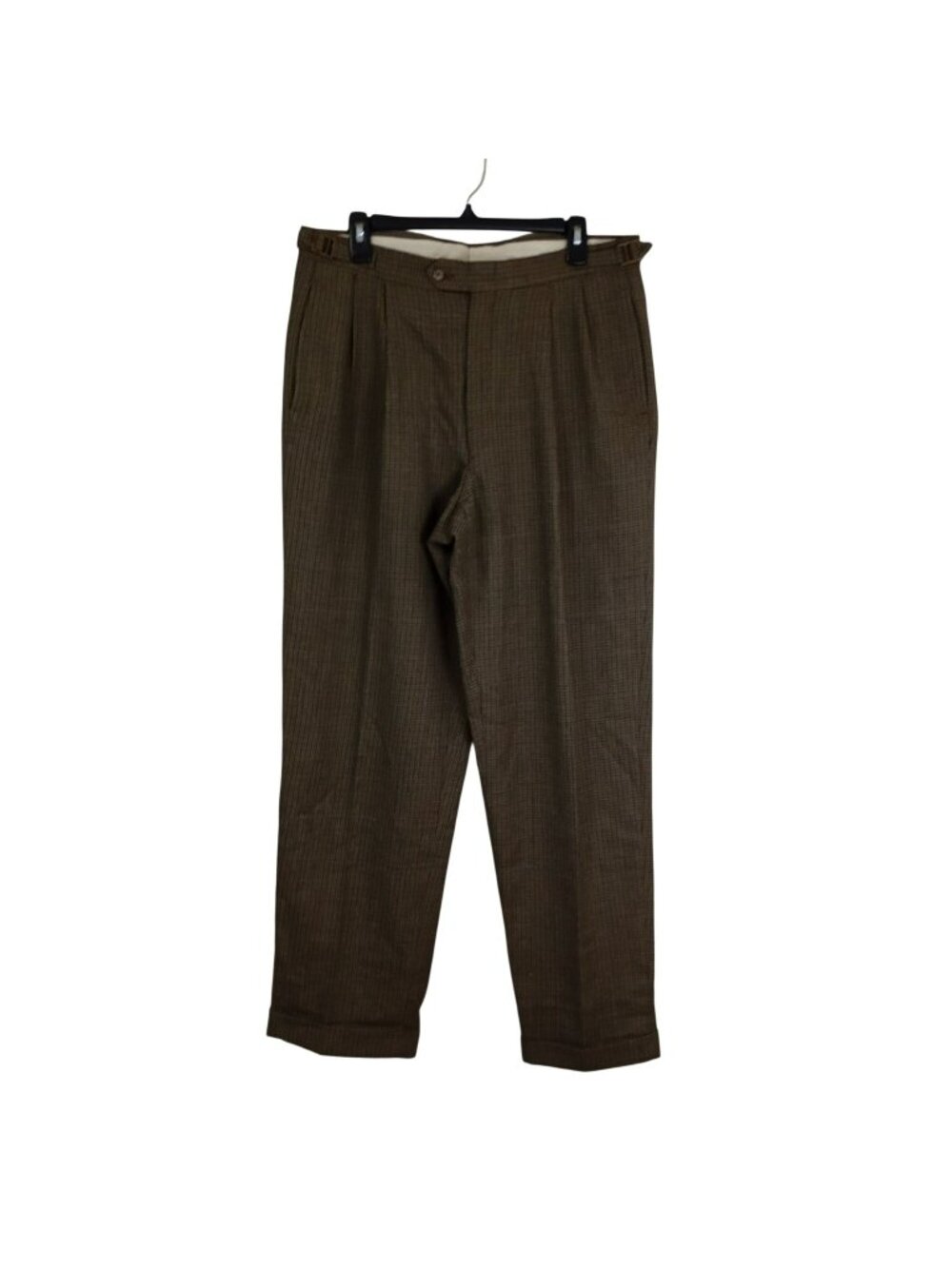 Vtg Tommy Hilfiger Mens 100% Wool Brown Plaid Tailored Fit Trousers Size 34x32